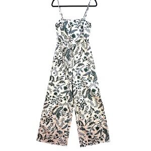 MNG Mango Tropical Wide Leg Jumpsuit Cream Green Women's Size Medium Linen Blend